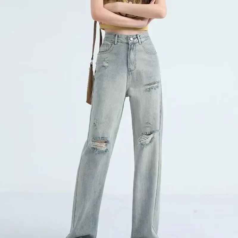 Pop Pop Retro Jeansy damskie z szerokimi nogawkami i wysokim stanem na lato Nowe luźne spodnie w dużych rozmiarach Mała figurka Długie spodnie Prosty krój z dziurami