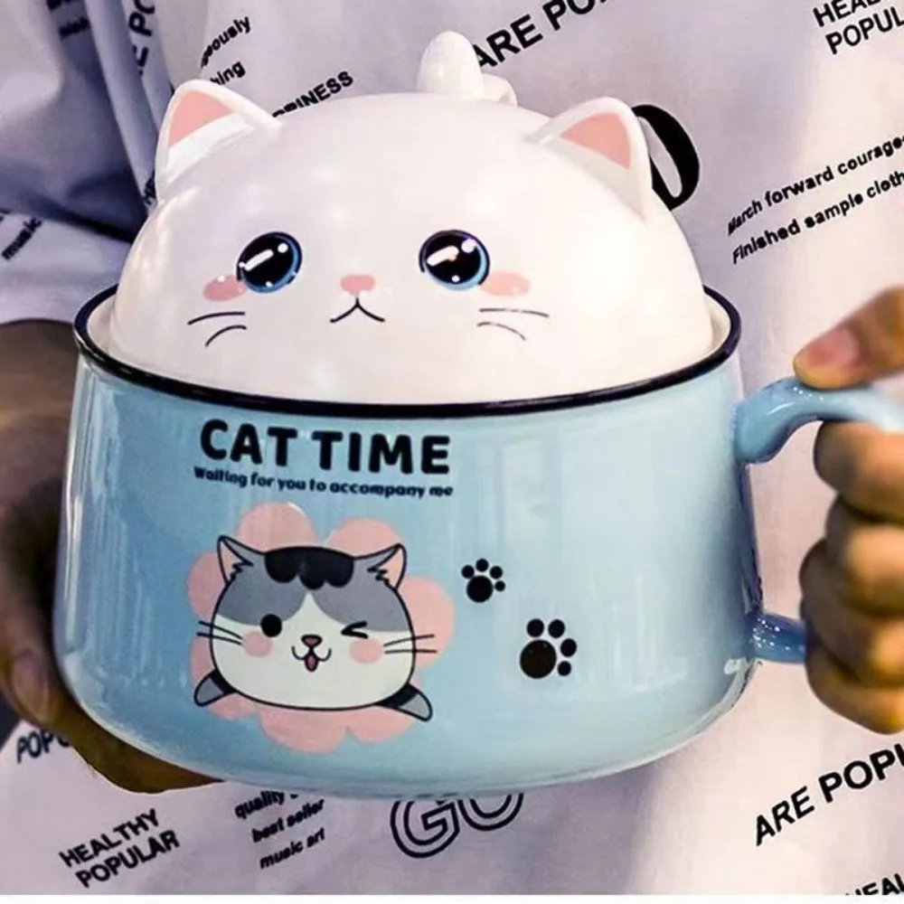 

Cat Cover Bowl,Cute Ceramic Dormitory Student Large-capacity Instant Noodle Bowl with Lid Ceramic Handle Tableware Gifts for Mom