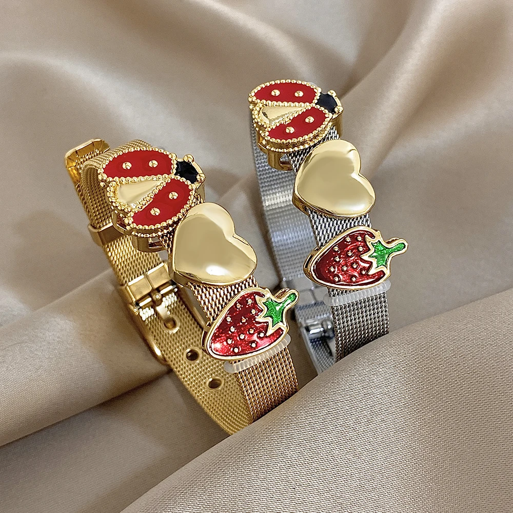 

Freetry New Trendy Stainless Steel Ladybug Strawberry Bangle for Women Waterproof Heart Wide Strap Chain Bracelet Jewelry Gift