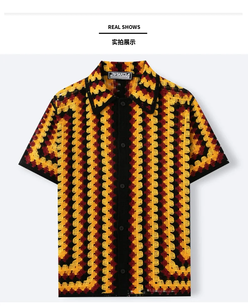 Pakaian Pria Sweter Rajutan Bergaris Retro Eropa dan Amerika Kemeja POLO Kardigan Larut Dalam Air Berongga Seksi