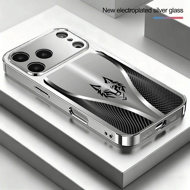 

Curved Texture Wolf Head Pattern Glass Phone Case For iPhone 11 12 13 14 15 16 17 Pro Max Plus 17 Air Electroplate Silver Cover