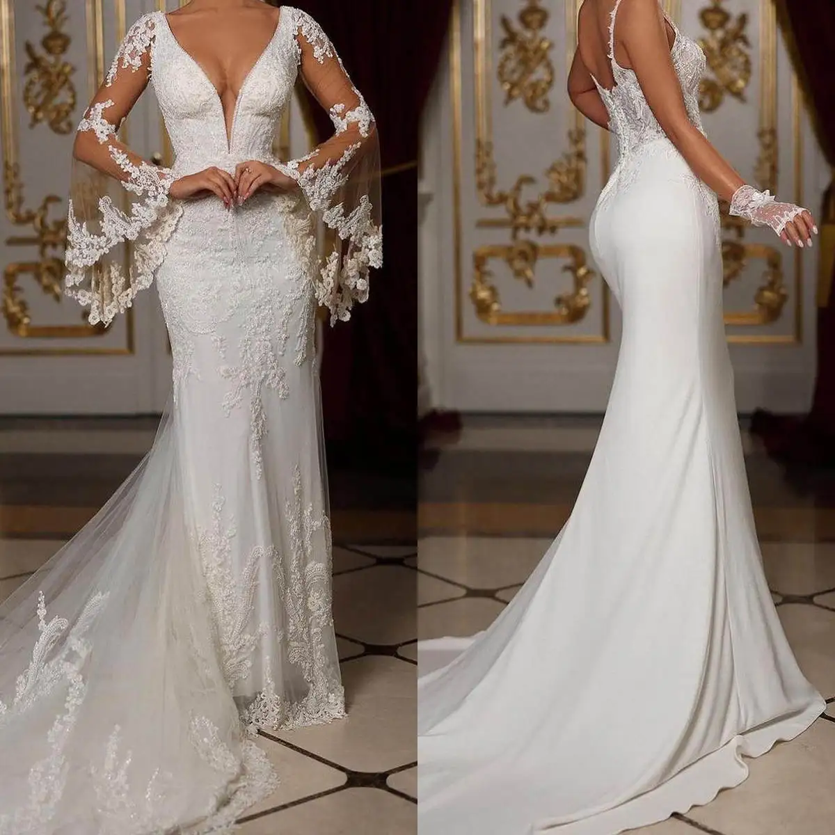 

Classic Mermaid Wedding Dress Appliques Beaded V Neck Off Shoulder Bride Gowns Sheer Long Sleeve Lace Bridal Dresses