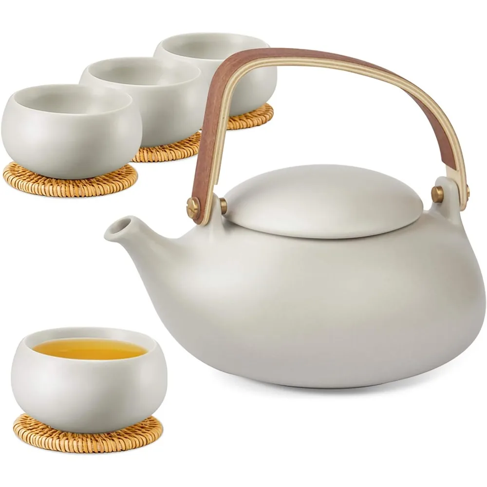 

Tea Tools Set 27Ounces Loose Tea Pot With 4 Cups & Rattan Coasters for Women Gift Coffeeware Teaware Ceramic Teapot With Infuser