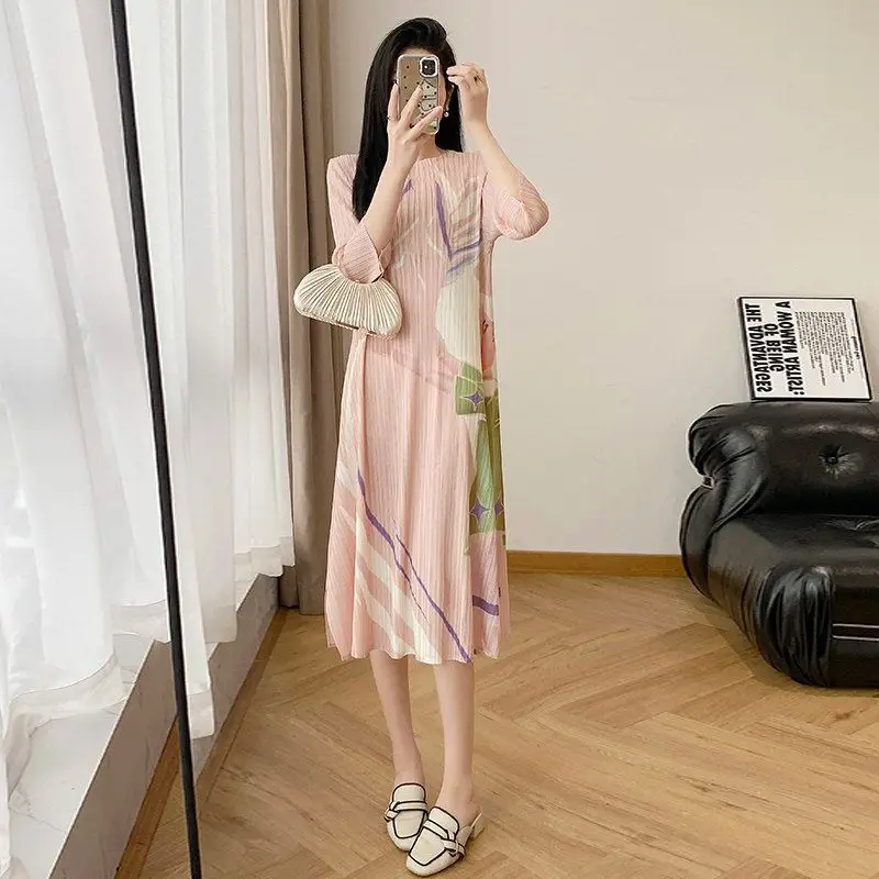 Dress new spring fashion printing folds loose and thin, pink dress high quality summer dress women