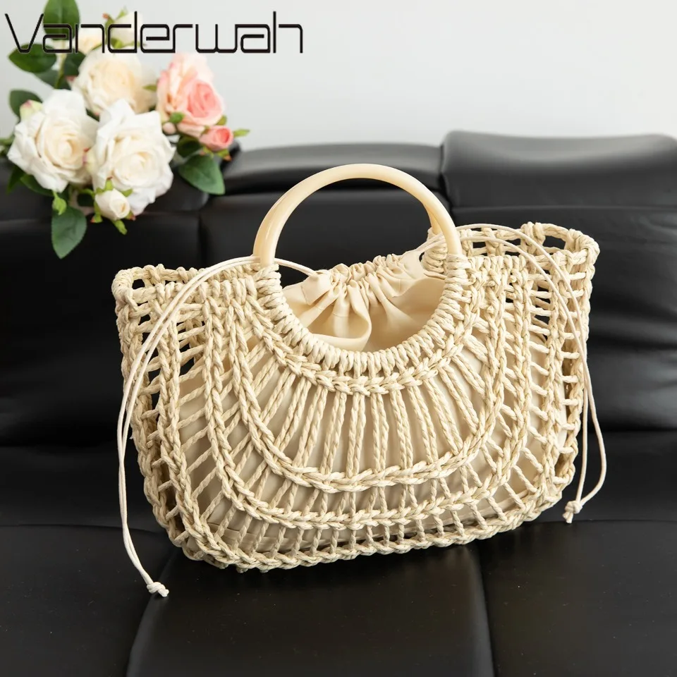 

VANDERWAH Handmade Half-Round Rattan Woven Straw Bag Summer Women Messenger Crossbody Bags Girls Small Beach Handbag New