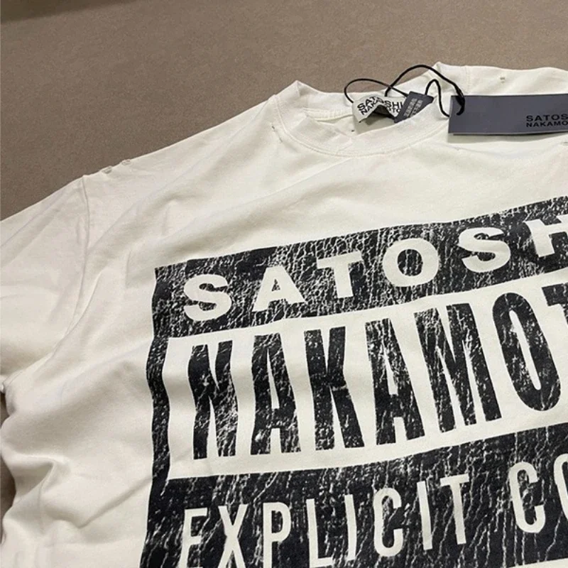 Summer Retro Washing Tshirt Men Women Letter Printing Short Sleeve Lovers Satoshi High Quality Tee