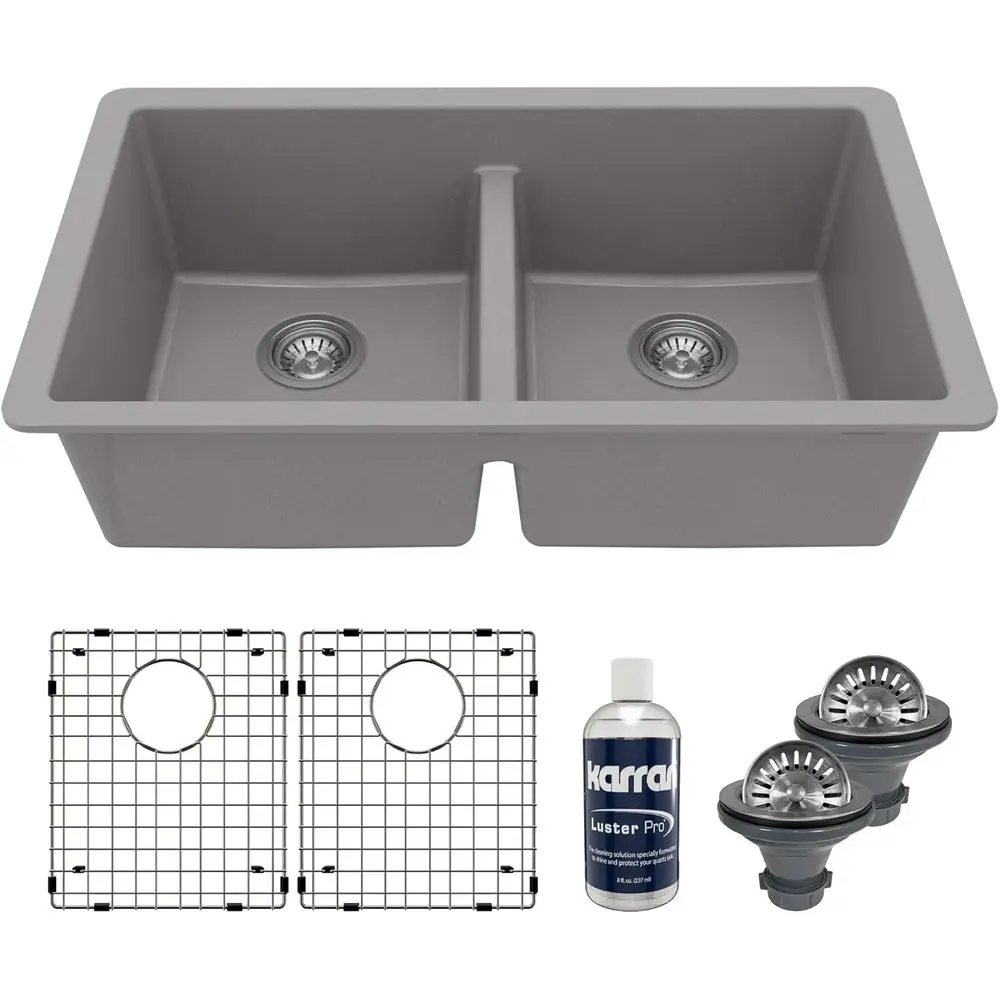 

QU-810 Комплект кухонной мойки из кварцевого кварца с двойной равной чашей, 32 дюйма, серый цвет
