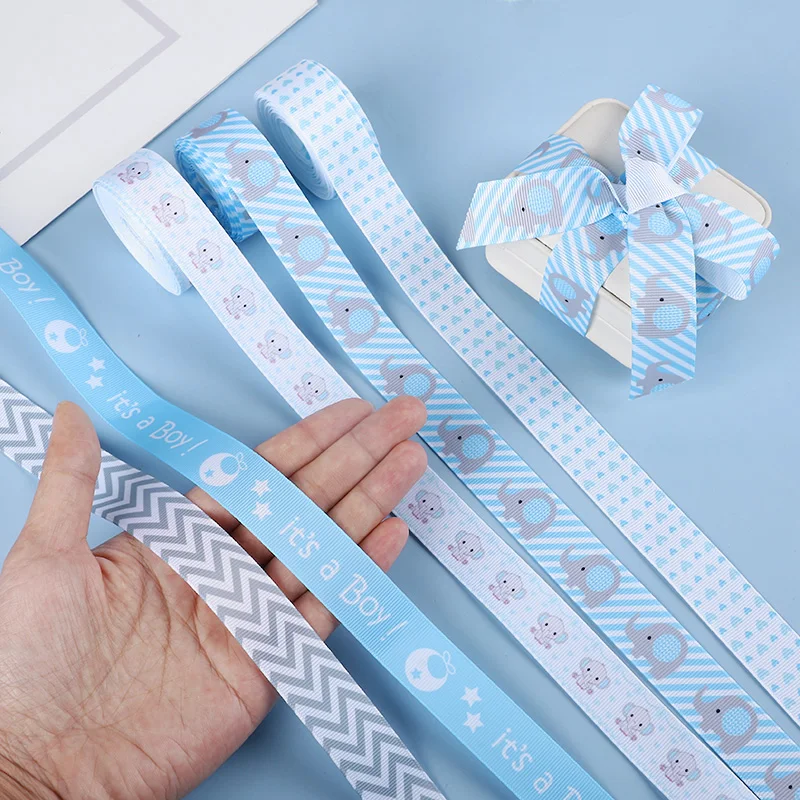 

5Rolls 5Yards Ribbons Set Blue Elephant Its a Boy Handmade DIY Ribbons Bow for Gender Reveal Party Gift Wrapping Decoration﻿