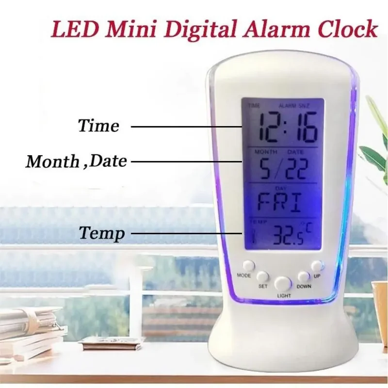Creative Mini Alarm Clock Timer LED Night Light Music Alarm Bell Silent Lazy Big Screen Electronic Temperature Alarm Clock Gift