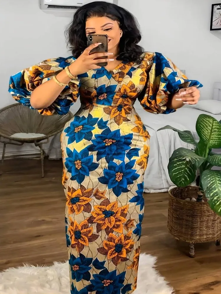 

Falbala V-Neck Boho Floral Printed Dress Slim 2022 Autumn Sexy Cut Out Ruffles Dresses Women Party Office Maxi Vestidos S-3XL