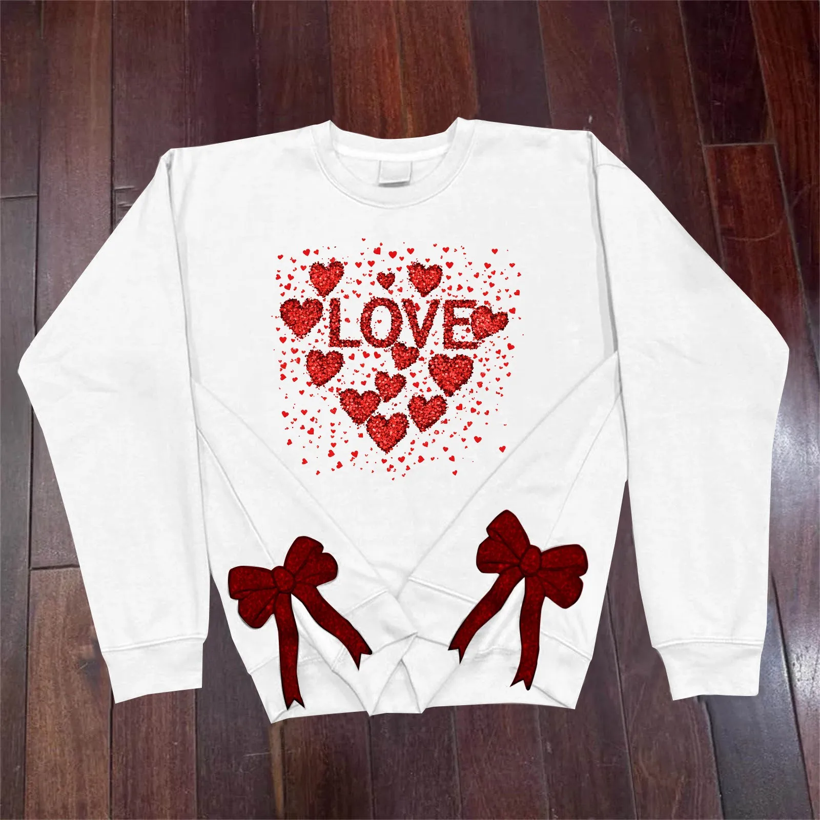 Love Heart Hoodies Women's Elegant Sweet Red Love Little Heart Print Sweatshirts With Side Bow Applique Ladies Harajuku Pullover