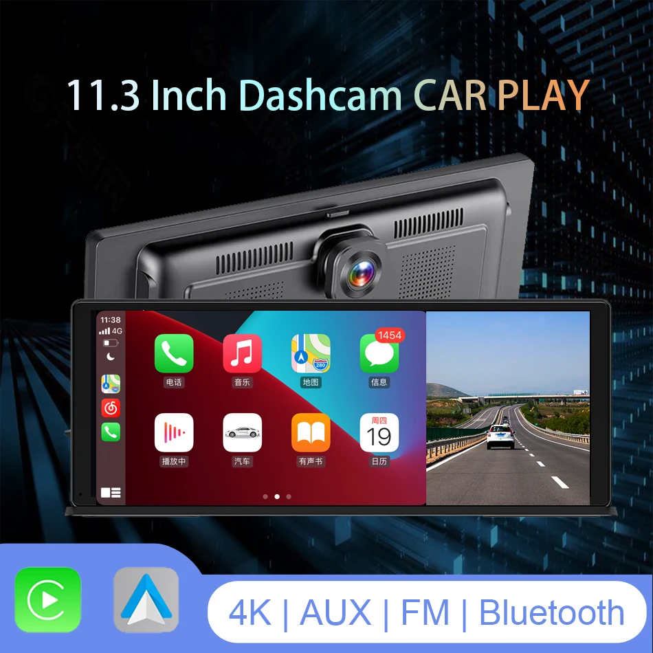 11.3 Inch CarPlay Android Auto Bluetooth Multimedia AUX CAR DVR 4K+1080P Dual Lens Recorder GPS navigation Dashcam