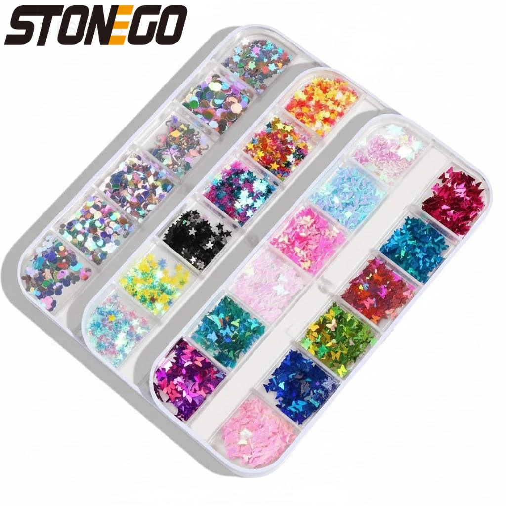 12 شبكة من الترتر اللامع ثلاثي الأبعاد للأظافر بأشكال الفراشات والنجوم والأشكال الهندسية لتزيين الأظافر