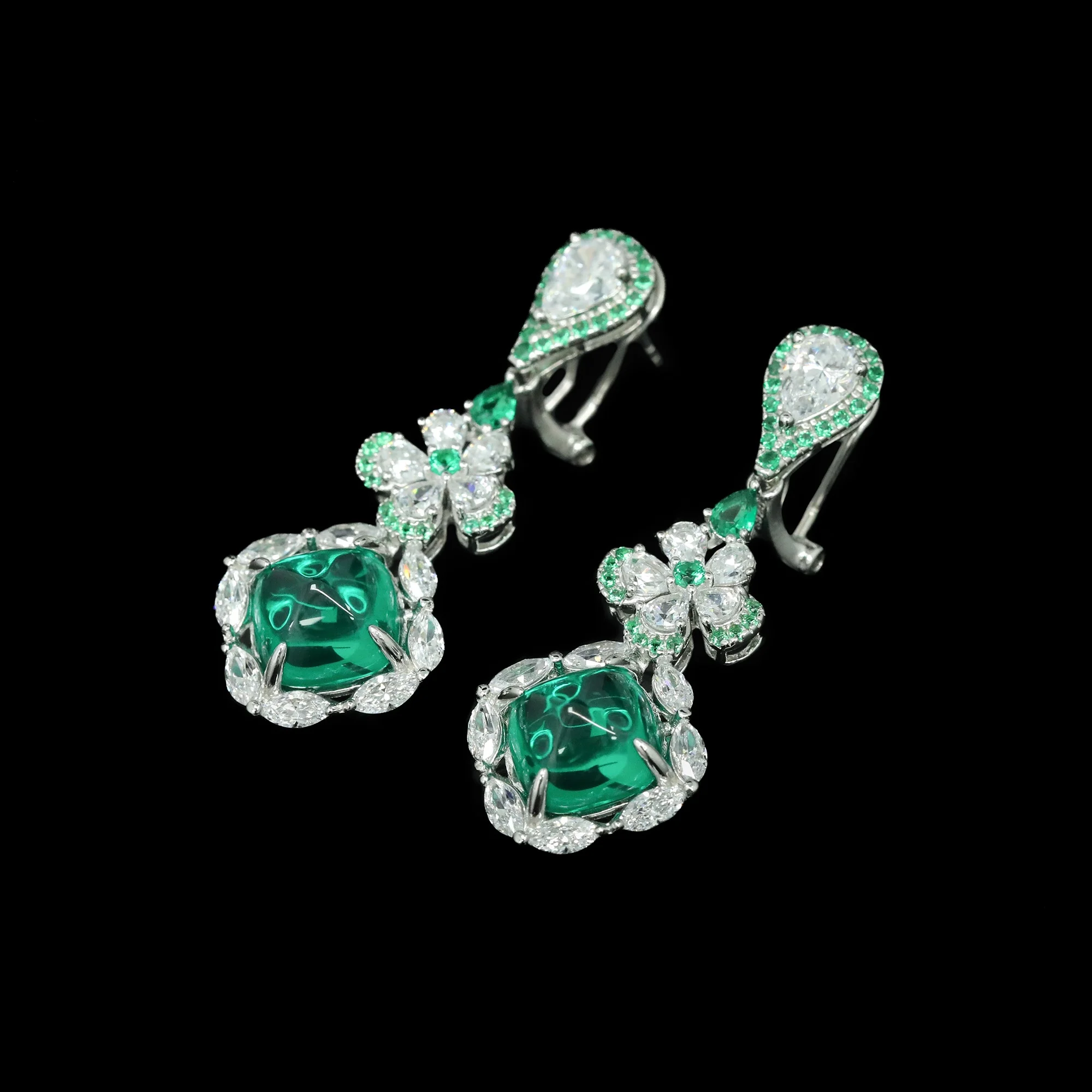 Vintage Artificial Emerald Drop Earrings Luxury Flower Design 925 Sterling Silver Fine Jewelry for Women's Cocktail Party Gift