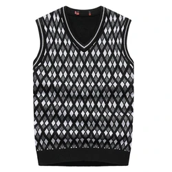 Knitted Sweaters for Men Sleeveless Vest Man Clothes Plaid Business V Neck Waistcoat Tops Y2k Vintage X High Quality Replica Fun