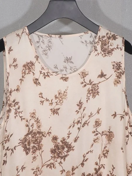 Retro Chinese Sle Print Dr Copper Ammonia Silk Vest Loose round Ne Casual Artistic Skirt Summer Season Women's Dr