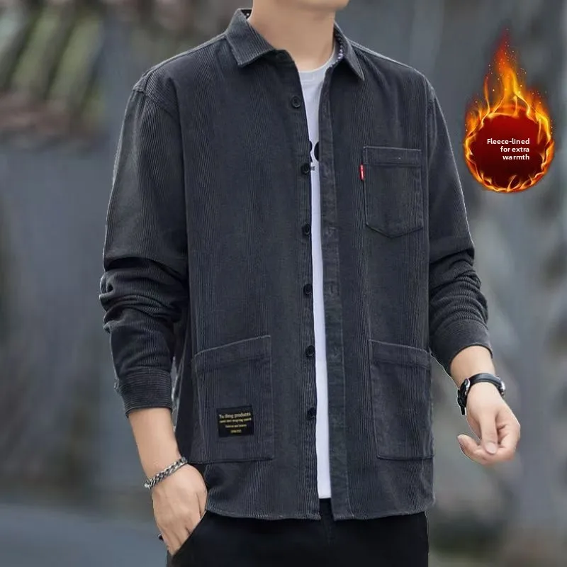 

Мужское повседневное вельветовое пальто Long Sve irt, свободная рабочая одежда, молодежное деловое повседневное хлопковое однотонное пальто на пуговицах