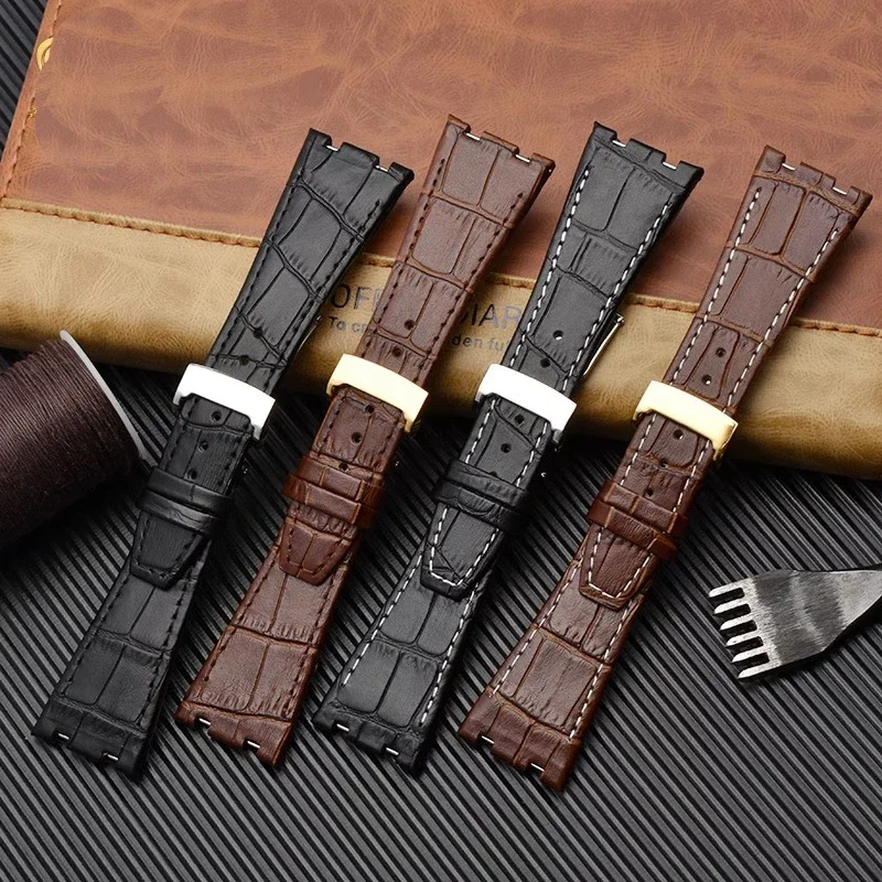 حزام ساعة من الجلد الأصلي لـ AP Audemars ، سلسلة Royal Oak البحرية للذكور ، الأسود والبني ، الطبقة العلوية ، ، ، ، 26