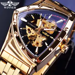 Gewinner Steampunk Swiss Design Herren Doppel Side Skeleton Transparent Goldene Edelstahl Mens Automatische Mechanische Männliche Uhr