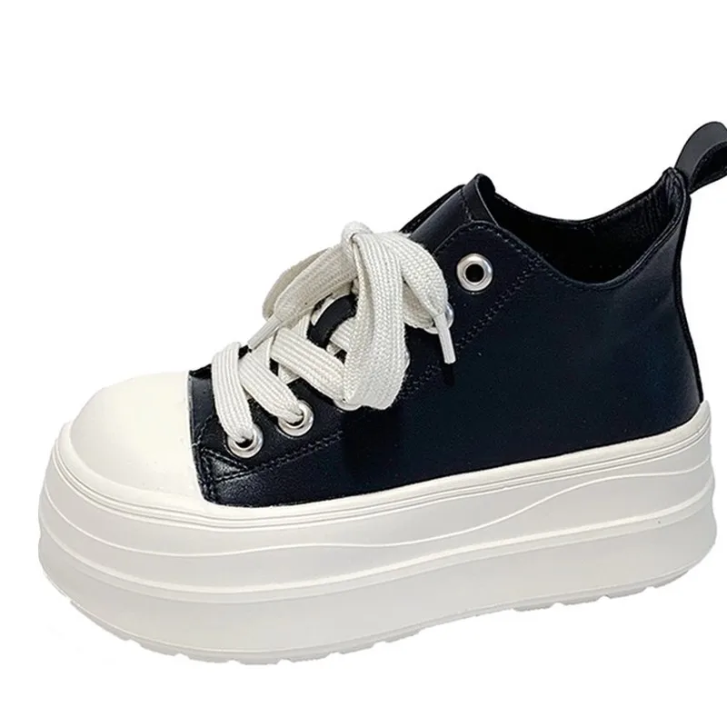 

2025 Western Style Round Toe Thick Sole Platform Chunky Heels Women Sneakers Lace Up Solid Color Fashion Classic Casual Shoes