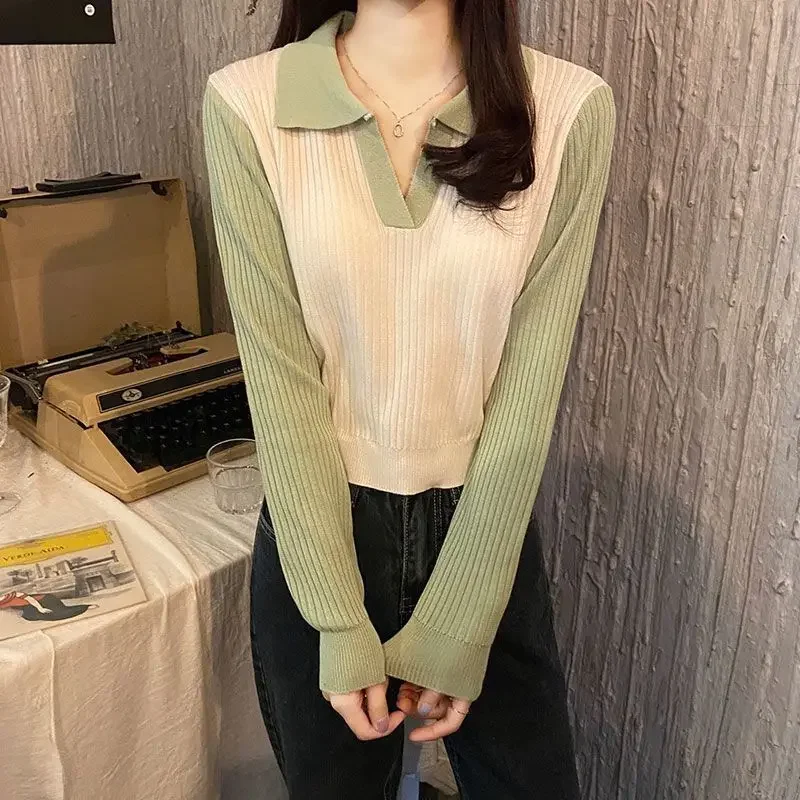 Korean Design Contrast Polo Neck Long Sleeve Knitted Shirt for Women Spring and Autumn Style Small Slim Short Top Lapel Clothes