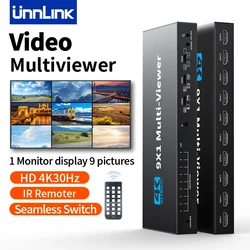 Unnlink 4K HDMI Quad Multiviewer 9x1 Seamless Switch 9 In 1 out with remoter for Camera Monitor