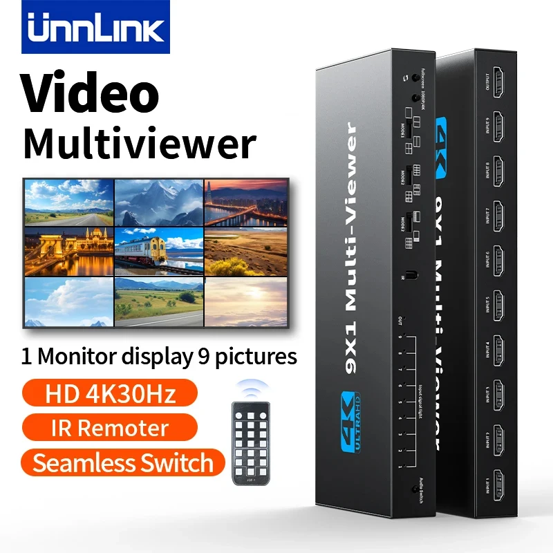 Unnlink 4K HDMI Quad Multiviewer 9x1 Seamless Switch 9 In 1 out with remoter for Camera Monitor