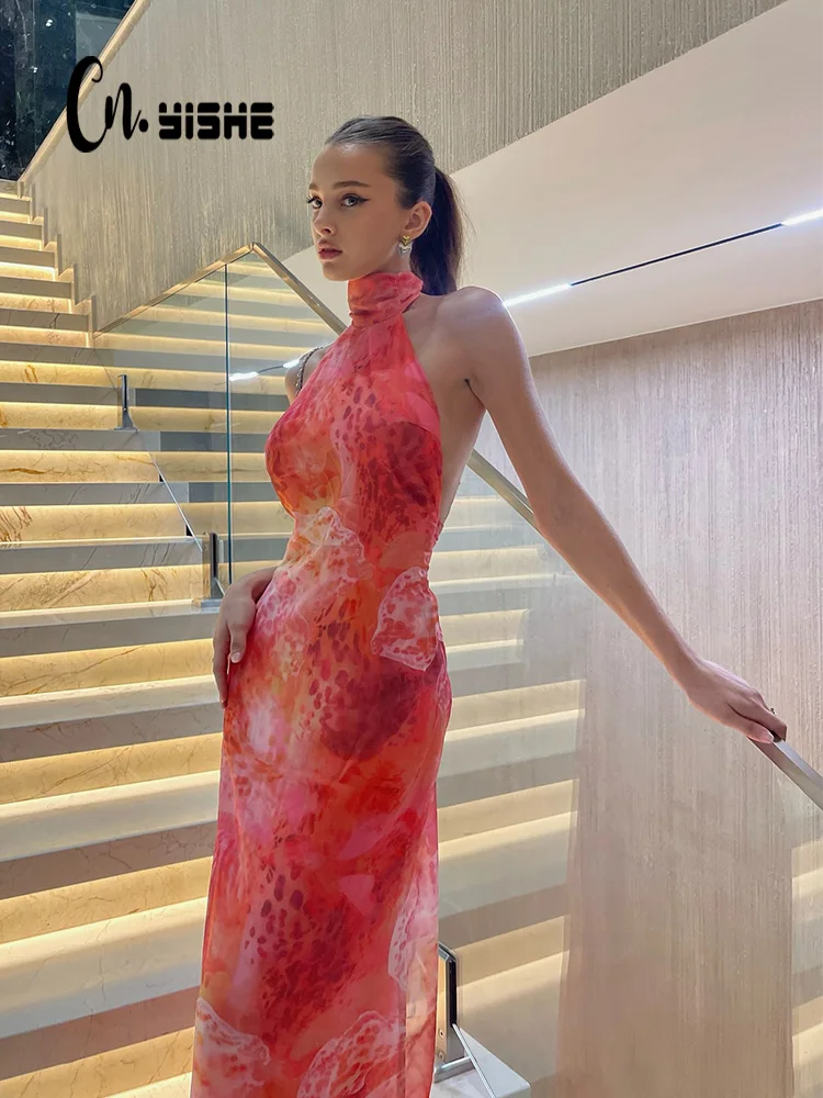 CNYISHE Stampe Maglia Sheer Halter Senza maniche Backless Guaina Moda Holiay Abiti Chic Sexy Club Abiti da donna Donna Aderente