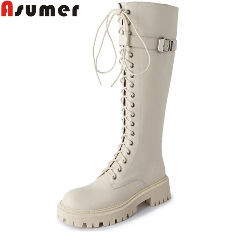 

ASUMER 2022 Size 34-41 New Women Platform Winter Boots Ladies Thick Med Heels Knee High Boots Genuine Leather Zipper Dress Shoes