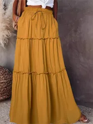 Women's Spring  Autumn New Long Skirt Solid Color Fashionable Mushroom Layered Skirt High Waist Elastic Ruffle Skirt