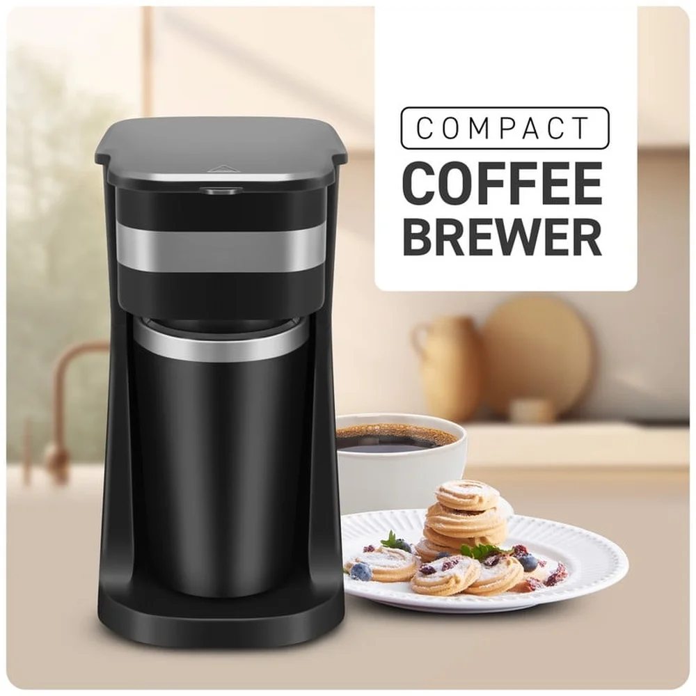 Compact Personal Coffee Maker with Stainless Steel Travel Mug Single Serving Brewer Home Office Dorm RV Auto Shut Off