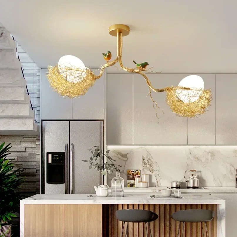 Modern Led Living Dining Room Kitchen Chandeliers Gold Bird Nest Egg Glass Ball Pendant Light Bedroom Loft Ceiling Hanghing Lamp