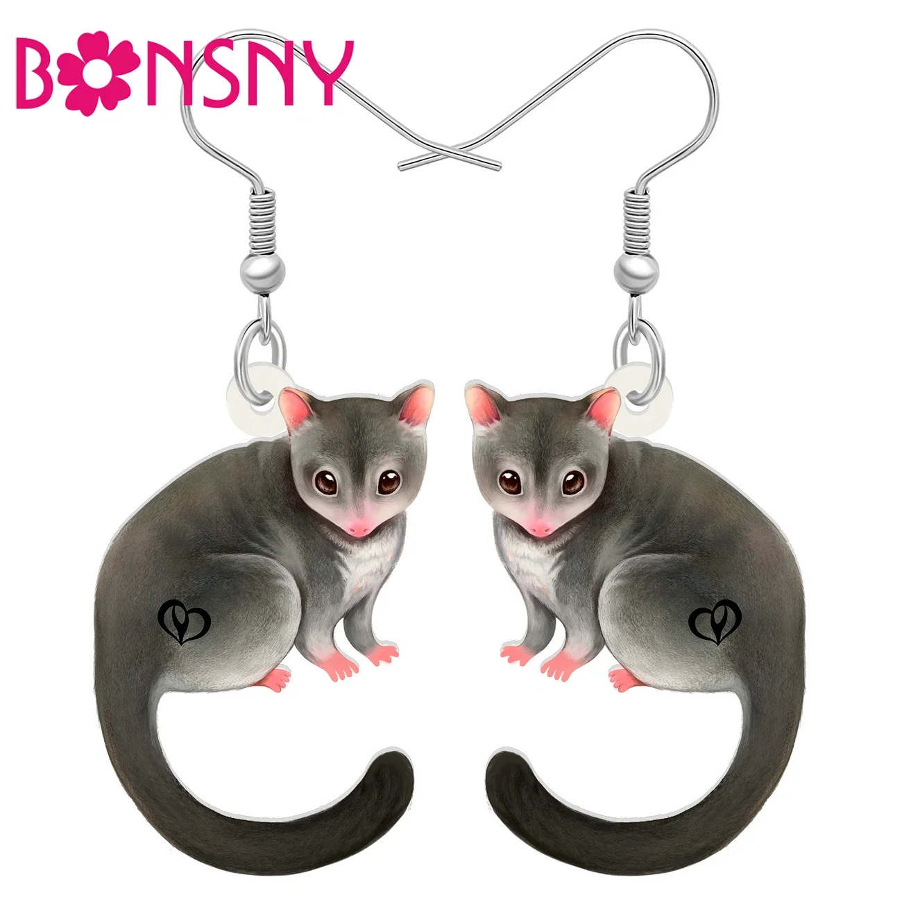 BONSNY Acrylic Cute Grey Opossum Drop Dangle Earrings Funny Animals Jewelry Gifts Accessories For Women Girls Kids