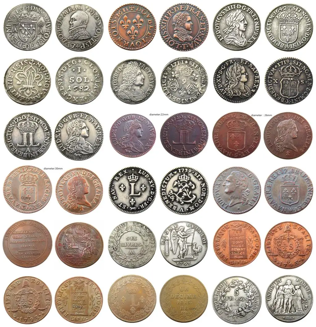 

France Ancient Mixed 18pcs Copper / Brass / Silver Plated Brass Copy Coins