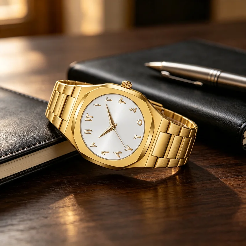 Men's Quartz Watch Octagon Mother of Pearl Dial Map Design Arabic Numerals Alloy Men Wristwatch