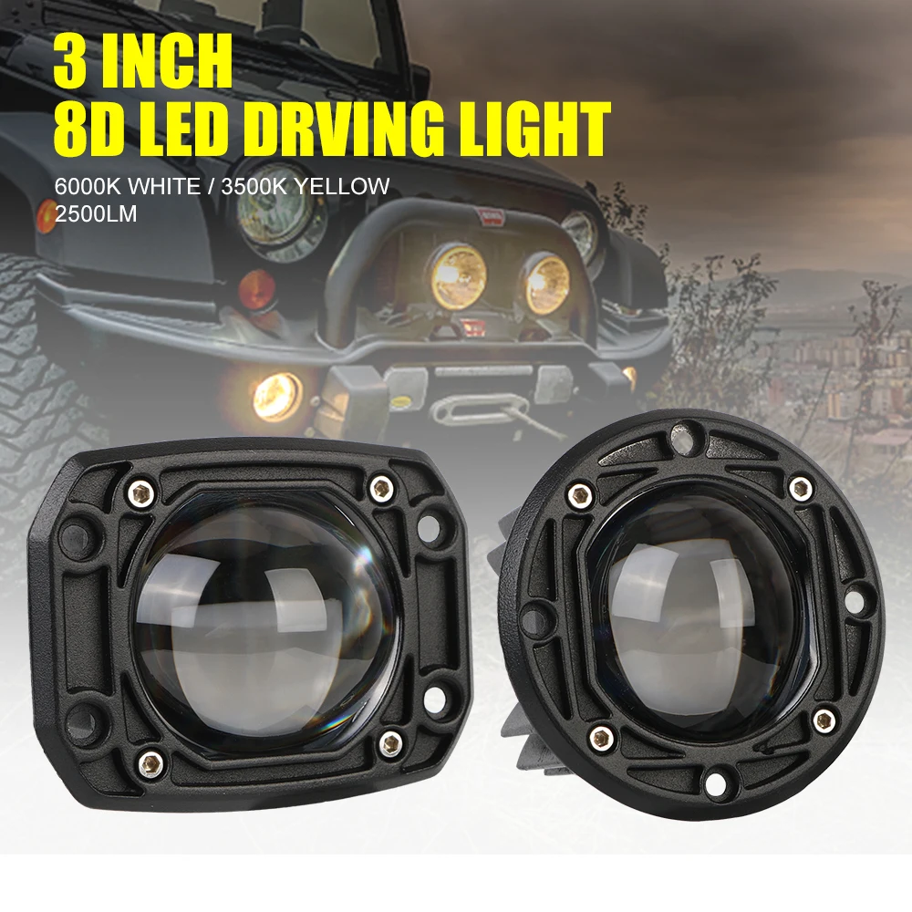 LED work Light for Jeep Car Truck Off Road 4x4 12V 24V Driving Work lamp Flush Mount Fog Lights 6000K White 3500K Yellow 8D Lens