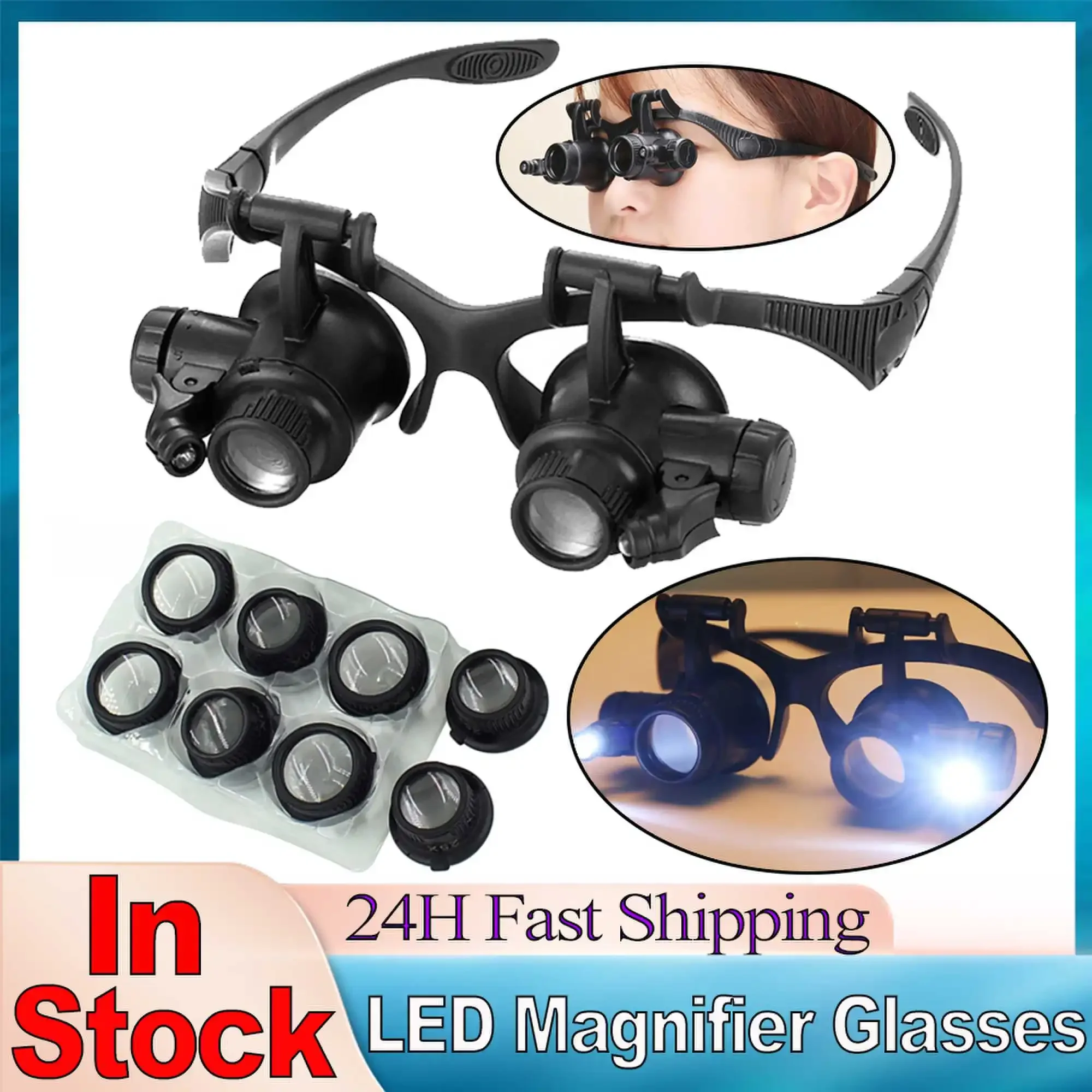 Professional Adjustable Head Band Eyeglasses LED Magnifying Headband Head Wearing Magnifier Glasses 10X/15X/20X/25X Magnifier