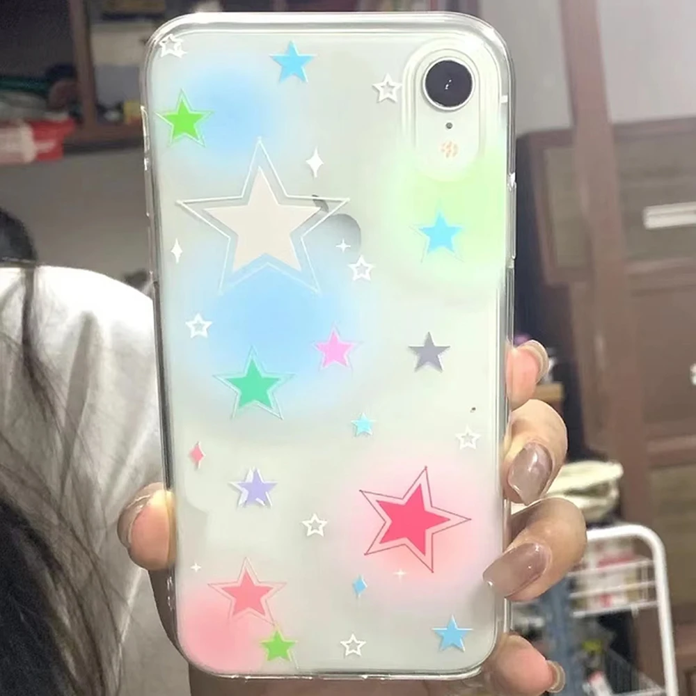 Clmj Colorful Gradient Color Star Phone Case For iPhone 16 15 14 13 12 11 Mini Pro Max X XR XSMax 7 8 Plus Y2K Korean Cute Soft