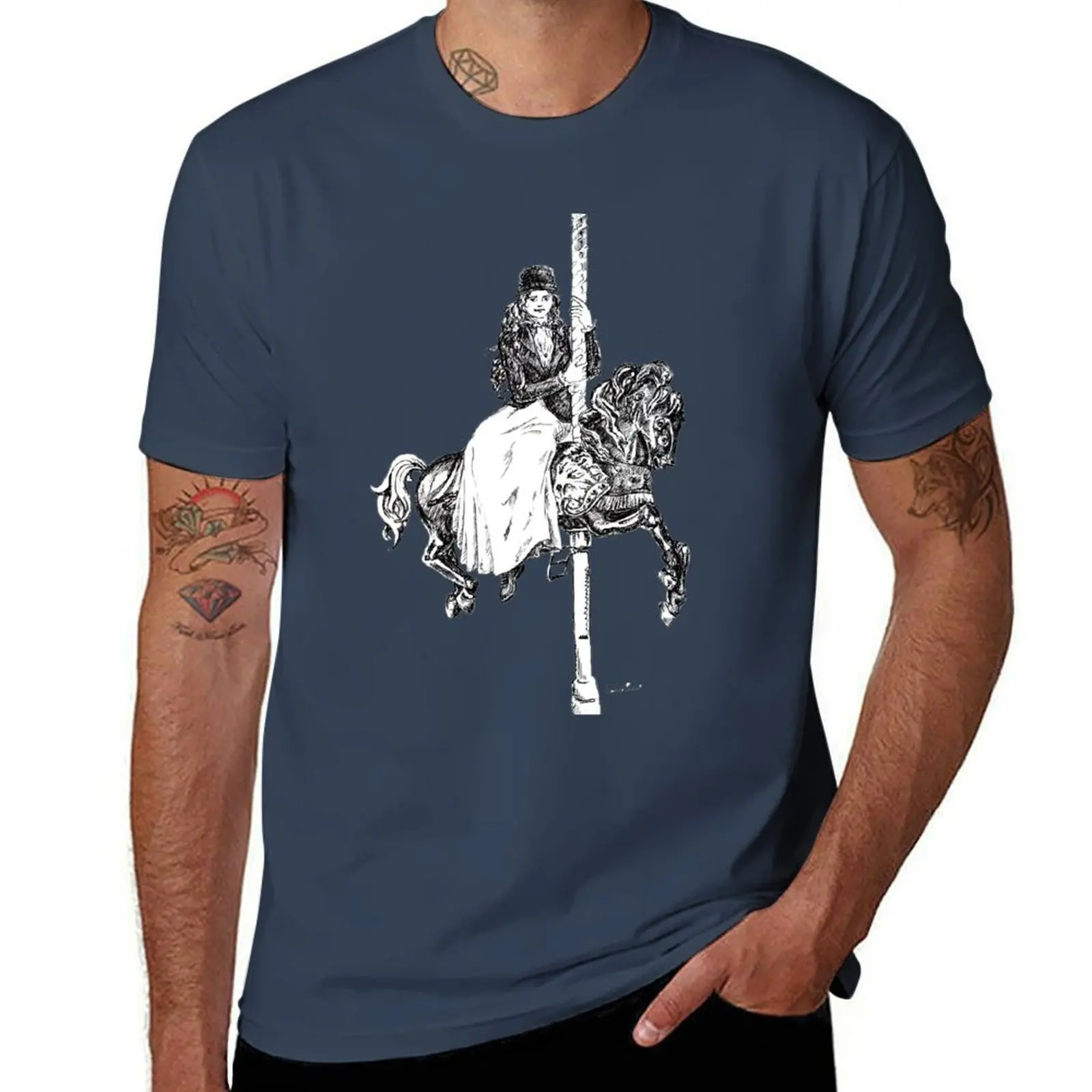 

Ink drawing - vintage lady on carousel horse T-Shirt Sweat Absorbing Sports Tee Shirt