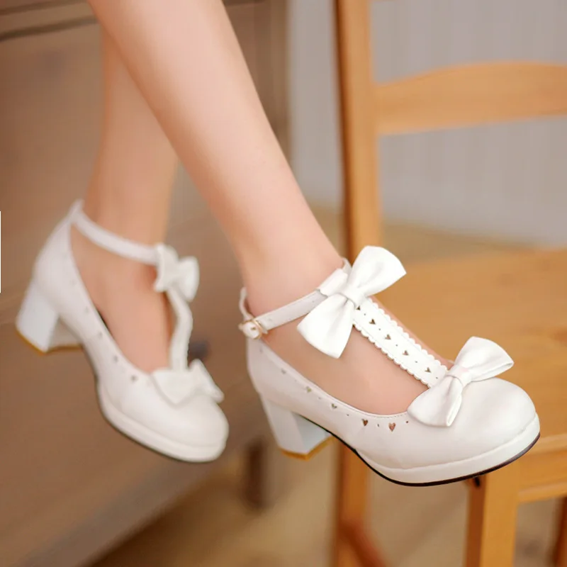 

Girls High Heel Shoes Women Sweet Bow High Heels Shoes Platform Thick Heel Shoes Women Dress Wedding Shoes Big Size 32-43