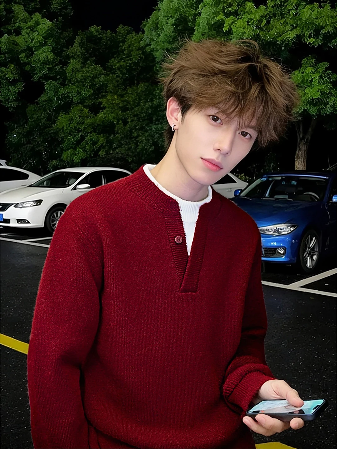 

Red Henry Collar Knitwear Men's Inner Wear Soft Cozy Winter Sweater Youth Lazy Sle Fake Two-Piece Loose Fit Warm Long Sve