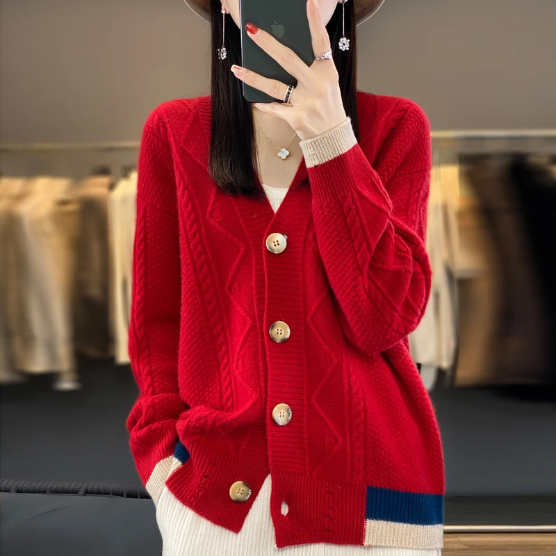 2024 herbst/Winter frauen Lose Dicke Strickjacke V-ausschnitt 100% Wolle Pullover Vielseitig Mantel Einfarbig Langarm Gestrickte Pullover