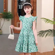 2024 teenager Summer baby Girls Flying Sleeve pink Dress floral Clothes lace Off Shoulder Pleated skirt 5 6 7 9 10 12 14 years