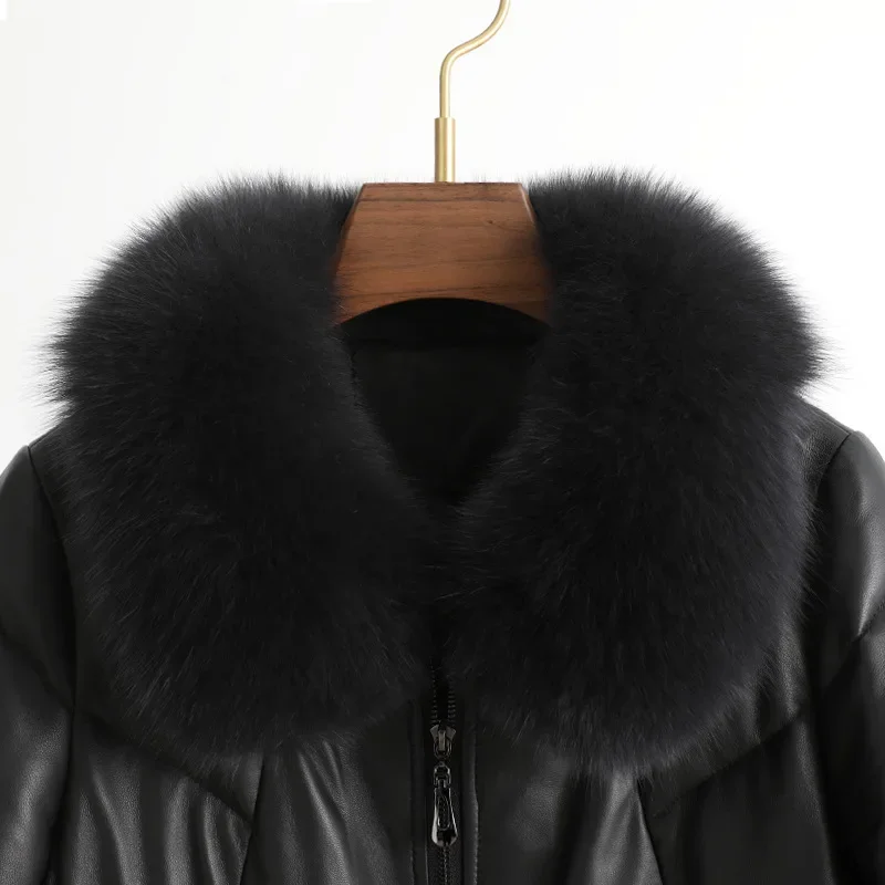 2024 New Haining Sheepskin genuine leather jacket, down jacket, medium length fox fur collar, fashionable and versatile jacket