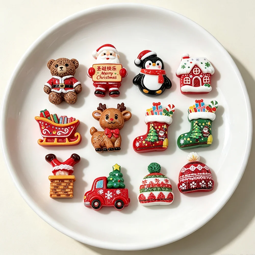 10Pcs Cute Christmas Old Man, Snowman, Biscuit Man Resin Cabochons Scrapbooking DIY Jewelry Craft Decoration Accessorie