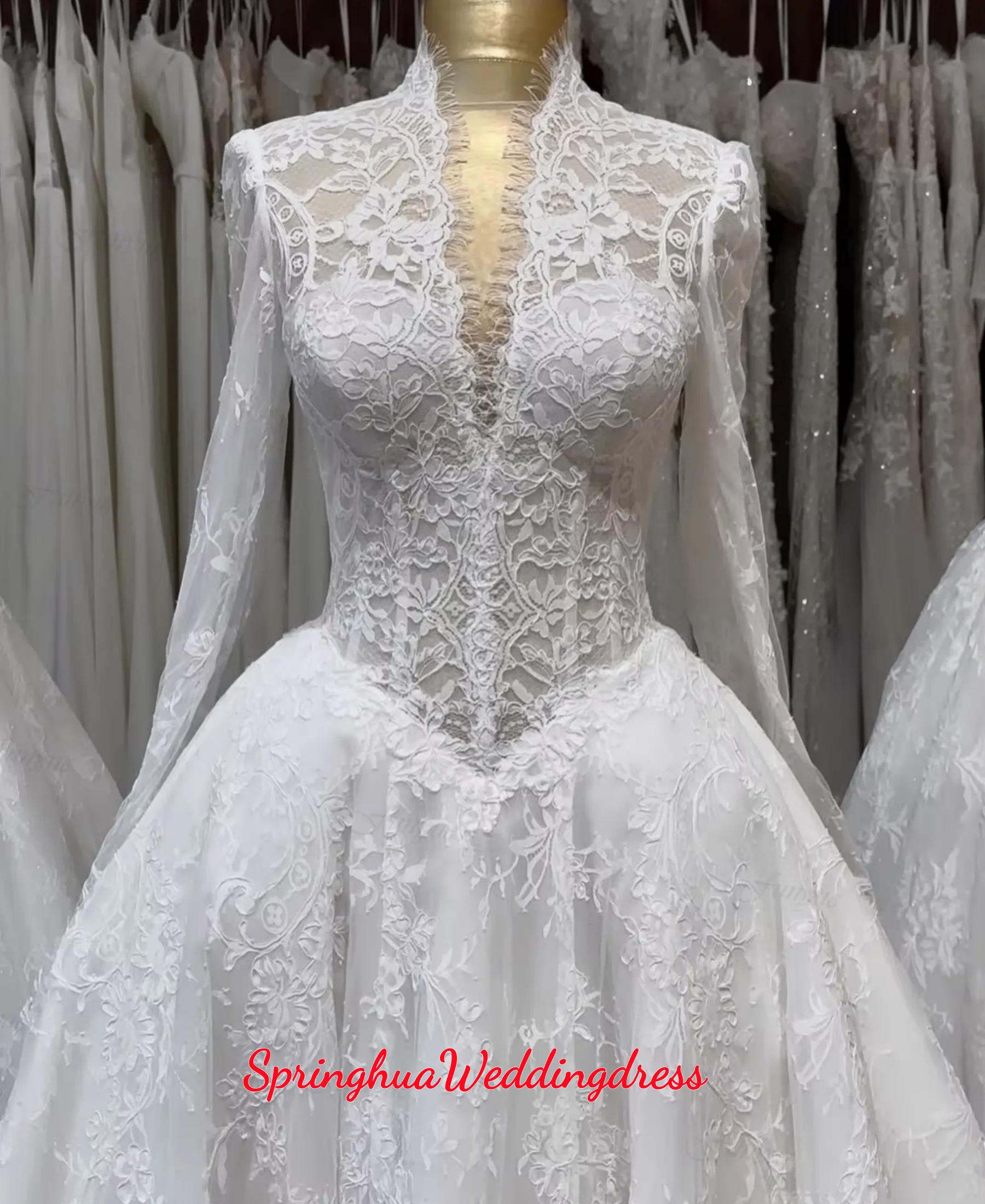 Customized Modest Wedding Dresses For Bride Full Sleeves Lace Bridal Ball Gown Long Vestidos De Novia