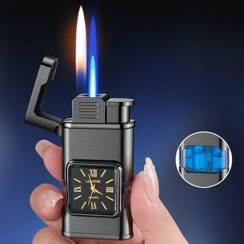 Creative True Watch Dual Flame Butane Gas Lighter Visual Gas Window Open Flame Switching Windproof Jet Blue Flame Cigar Lighters