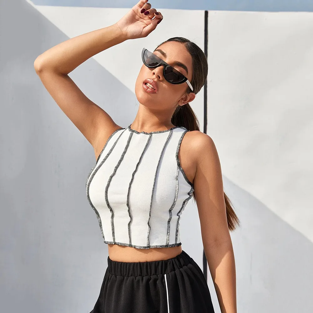 2026 Summer Women's Contrast Stitch Round Neck Slim Crop Top Casual Sleeveless Tank Top