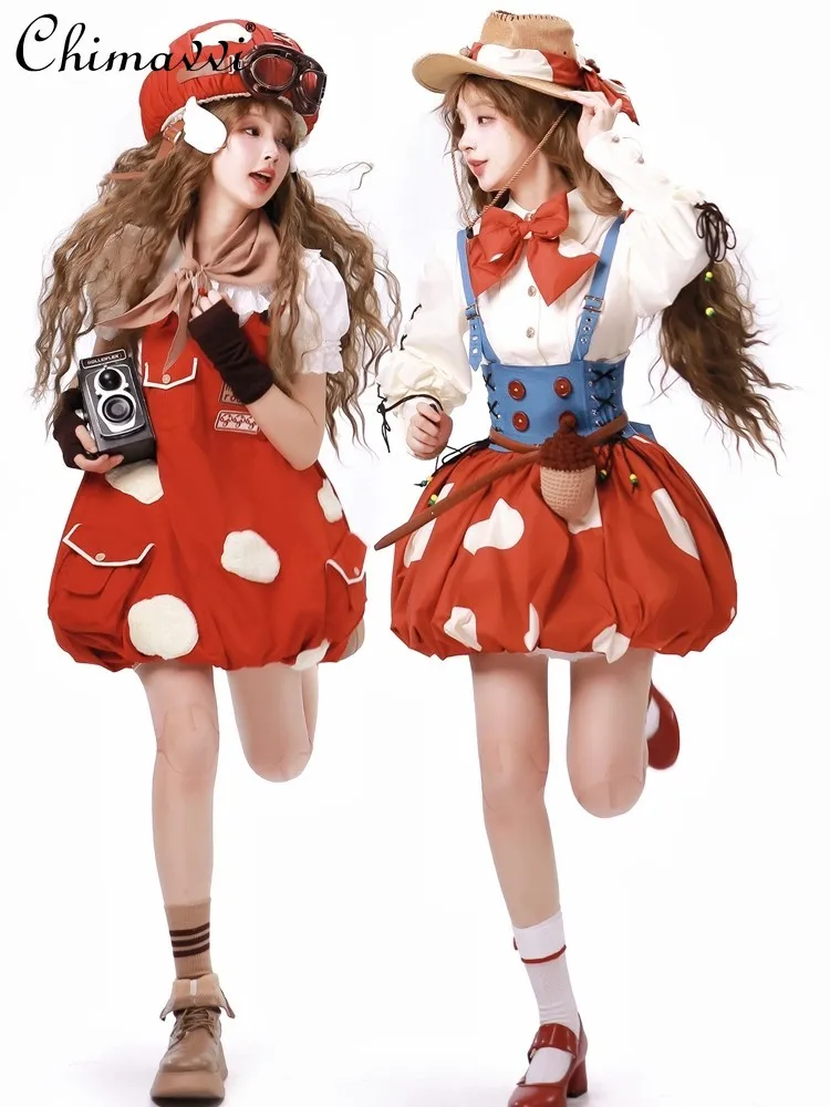 

Lolita Cute Denim Patchwork Strap Flower Bud Red Dress Spring and Autumn New Sweet Girl Kawaii Short Dress + Long Sleeve Shirt