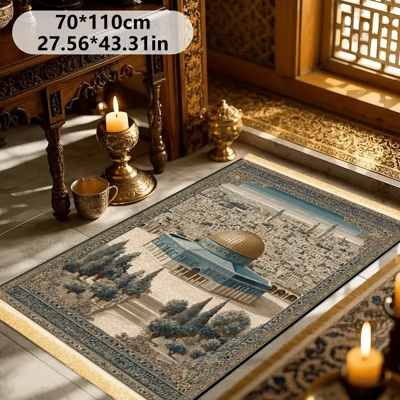 VIKAMA Dome Mosque Ancient City Arch Prayer Carpet, Wear-Resistant & Portable, Non-Slip Kneeling Mat for Worship